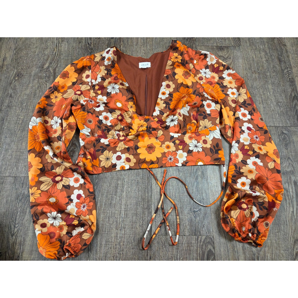 LE LIS Blouse 1970's Style Cinch Tie Top Floral Flare Sleeve Large Fall Colors
